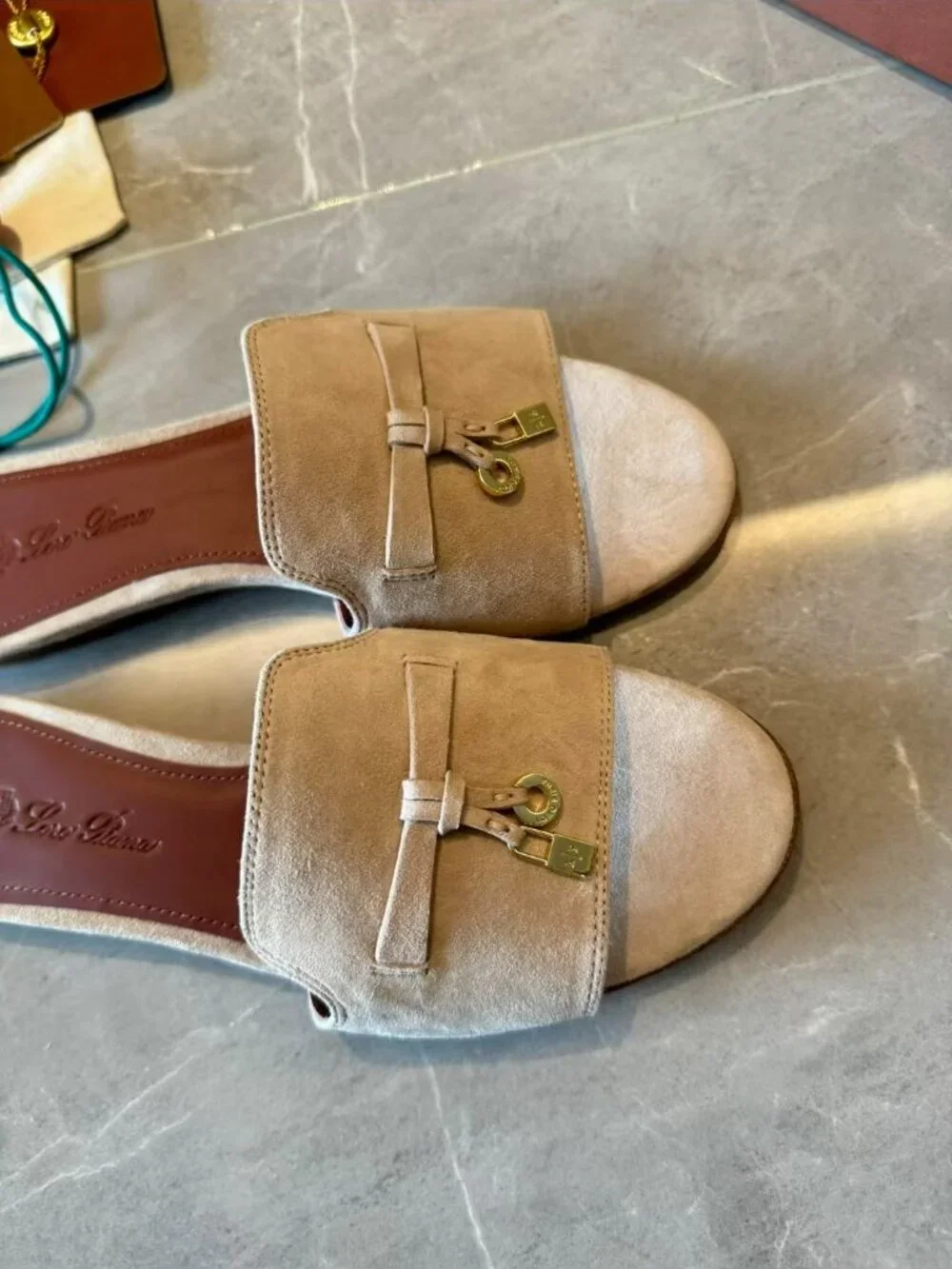 Loro Piana Beige Suede Bow Gold Lock Coin Charm Slide Sandals